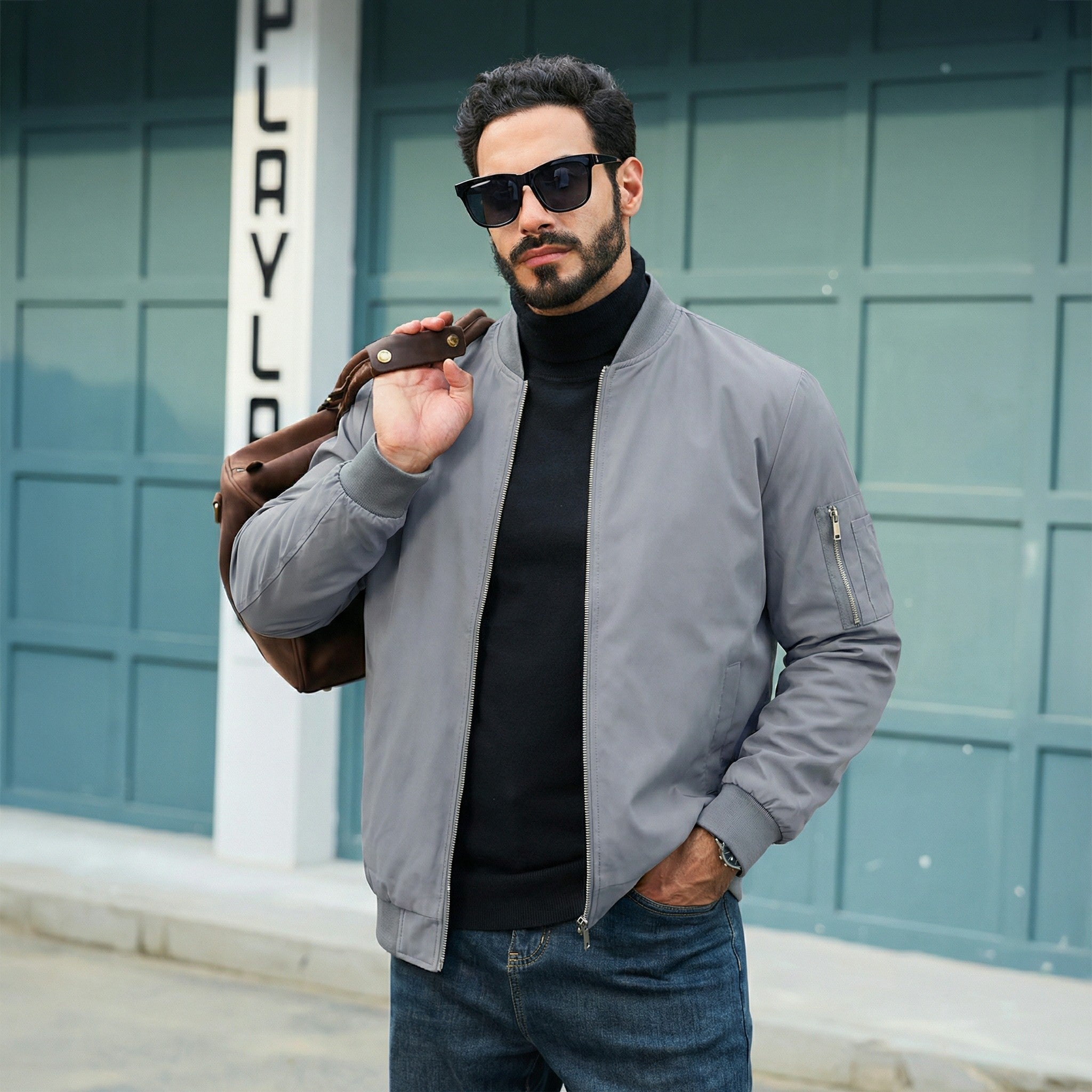 TACVASEN Light Grey Men's Lightweight Bomber Jacket Casual Windbreaker