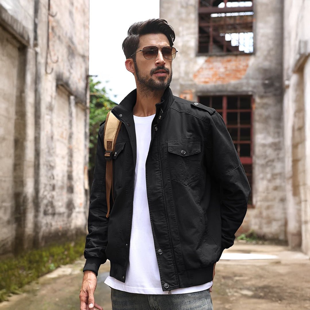 TACVASEN Black Men's Lightweight Casual Cotton Cargo Jacket