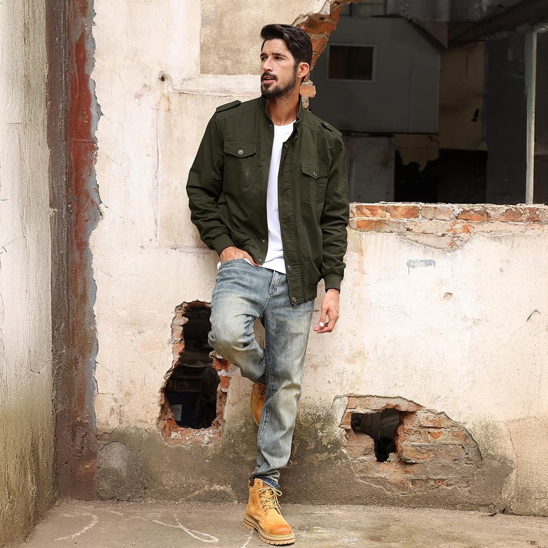 TACVASEN Army Green Men's Lightweight Casual Cotton Cargo Jacket
