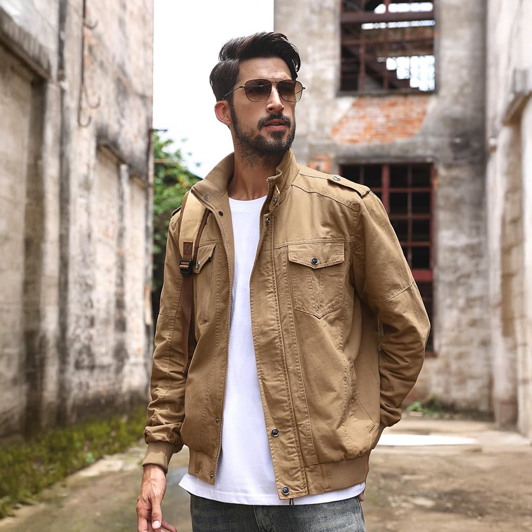 TACVASEN Khaki Men's Lightweight Casual Cotton Cargo Jacket
