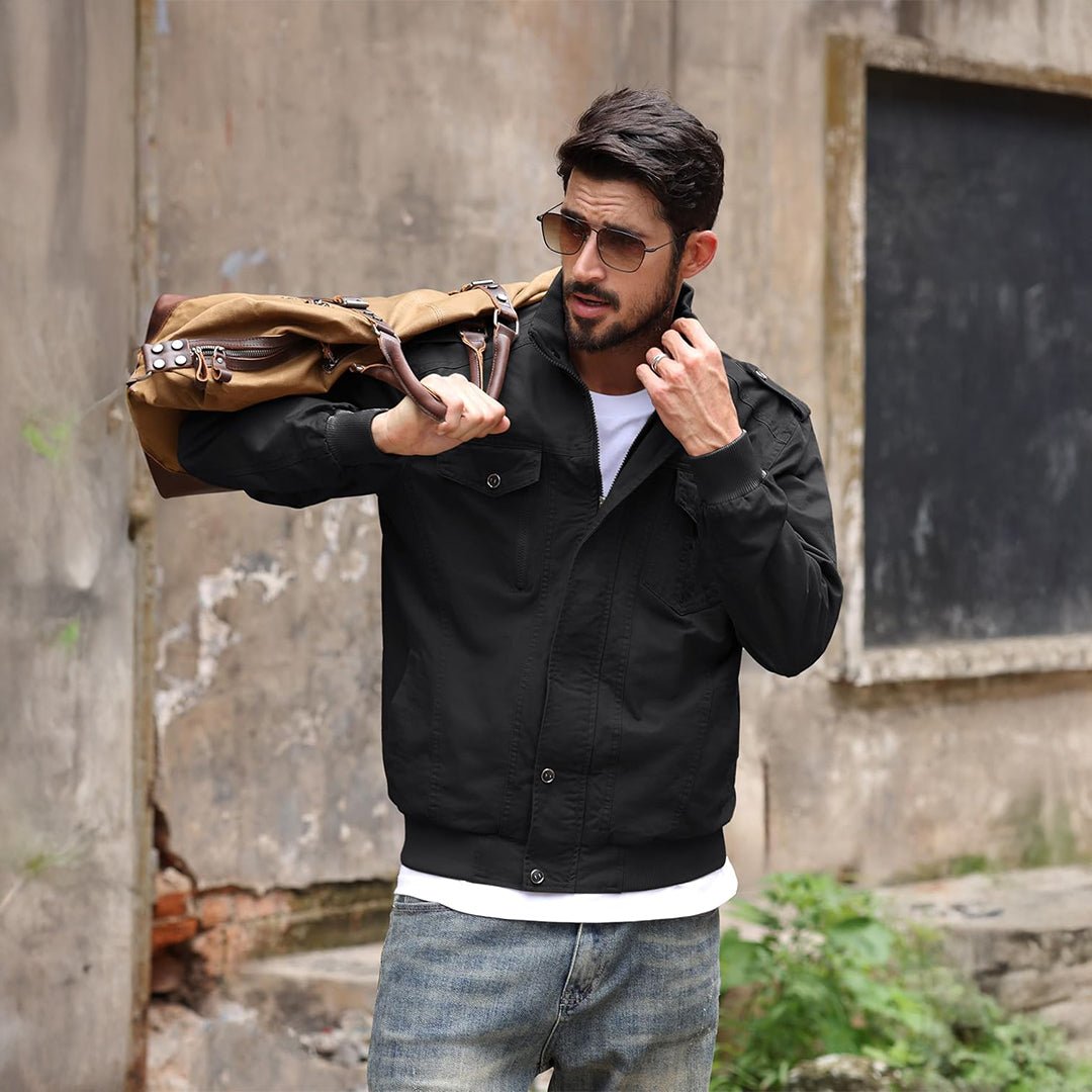 TACVASEN Black Men's Lightweight Casual Cotton Cargo Jacket