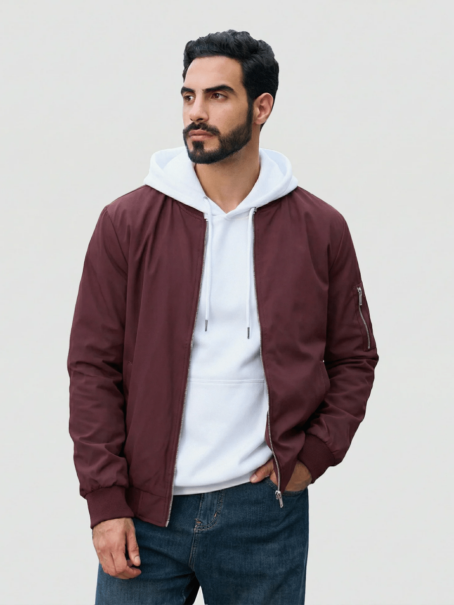 TACVASEN Wine Red Men's Lightweight Multi Pocket Jacket - Bomber Windbreaker for Work