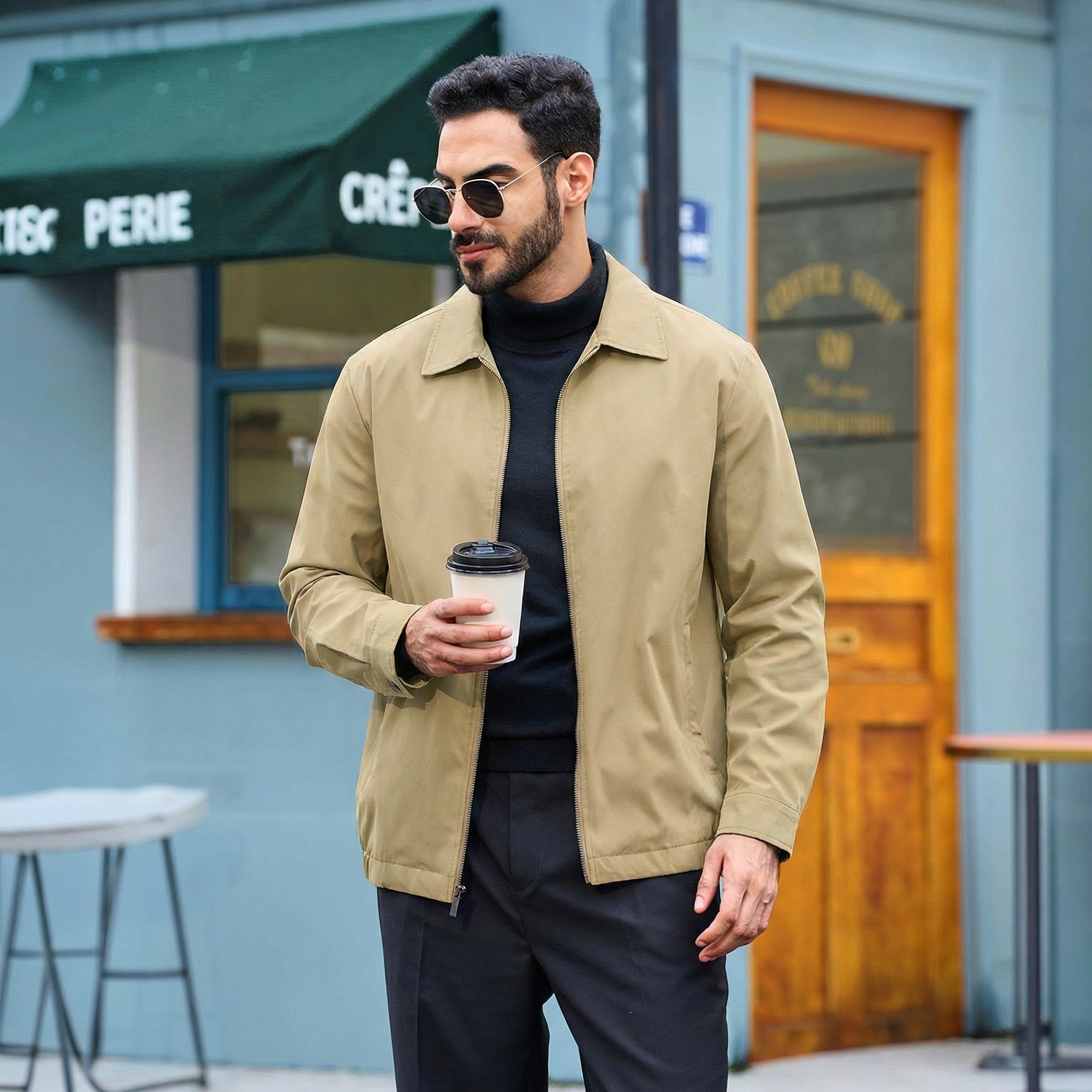 TACVASEN Khaki Men's Lightweight Spring Jacket Lapel Collar Coat