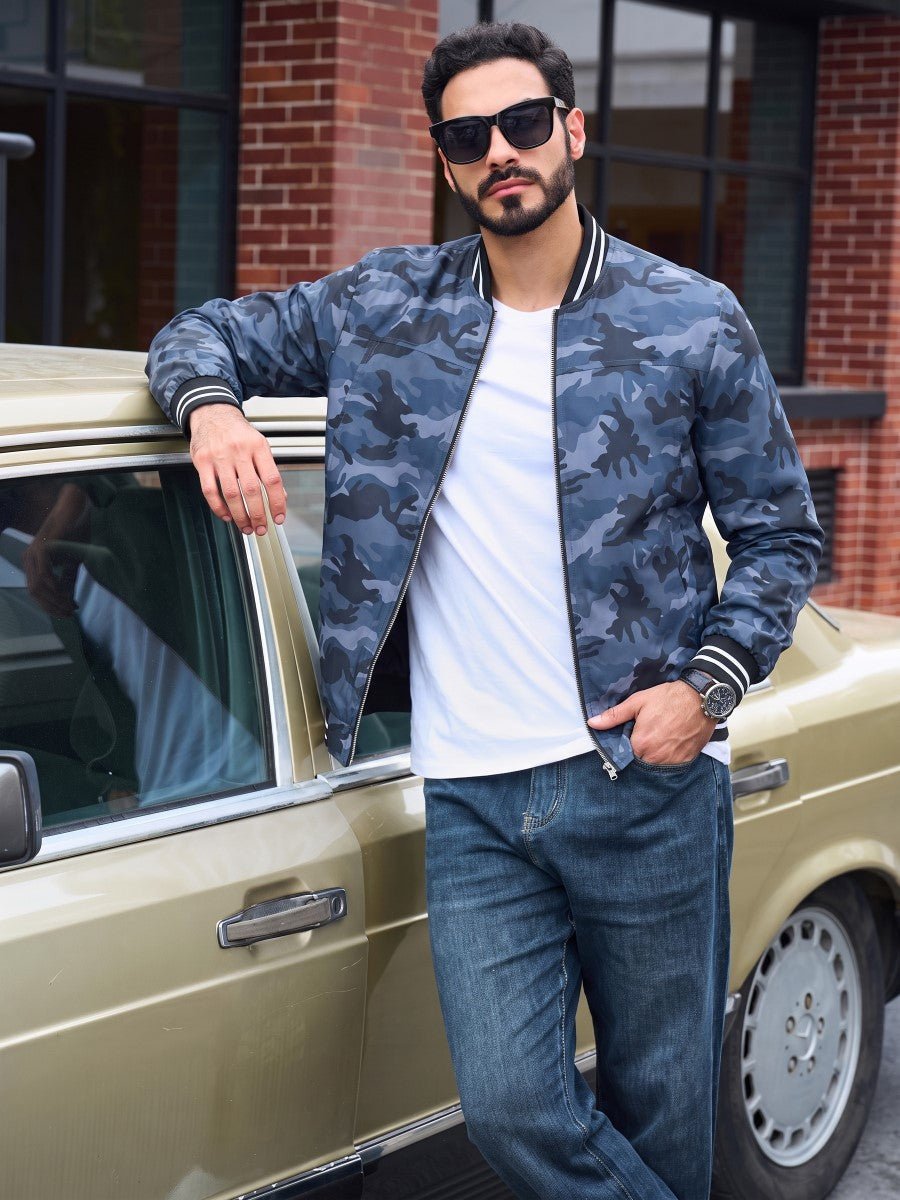TACVASEN Grey Blue Camouflage Men's Lightweight Water Resistant Bomber Jacket