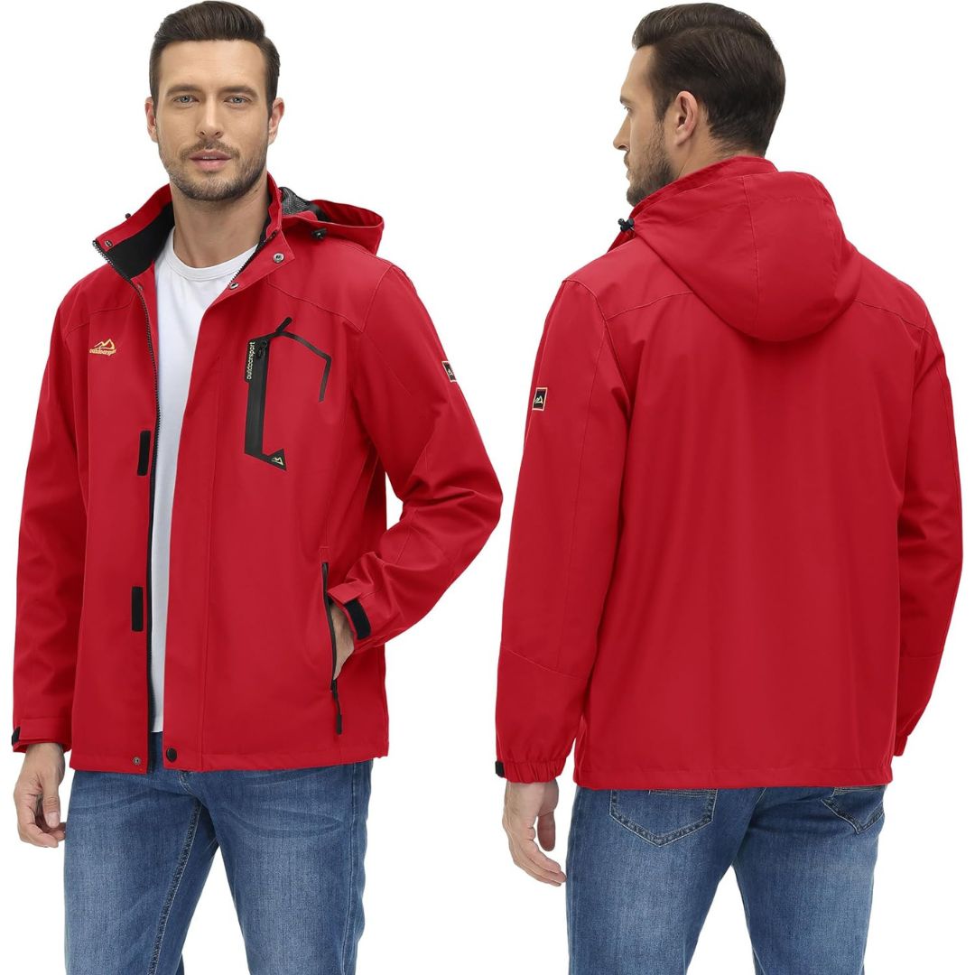 TACVASEN Red Men's Waterproof Outdoor Hiking Jacket with Zipped Pockets