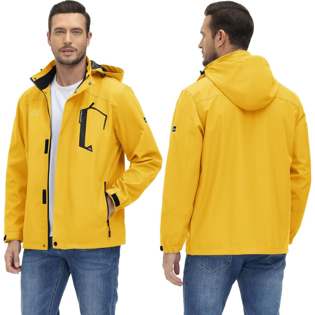 TACVASEN Yellow Men's Waterproof Outdoor Hiking Jacket with Zipped Pockets