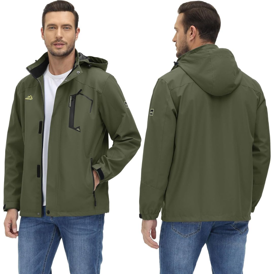 TACVASEN Army Green Men's Waterproof Outdoor Hiking Jacket with Zipped Pockets