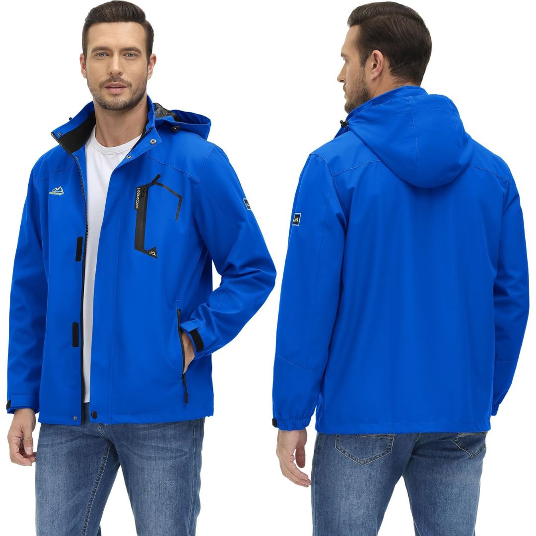 TACVASEN Blue Men's Waterproof Outdoor Hiking Jacket with Zipped Pockets