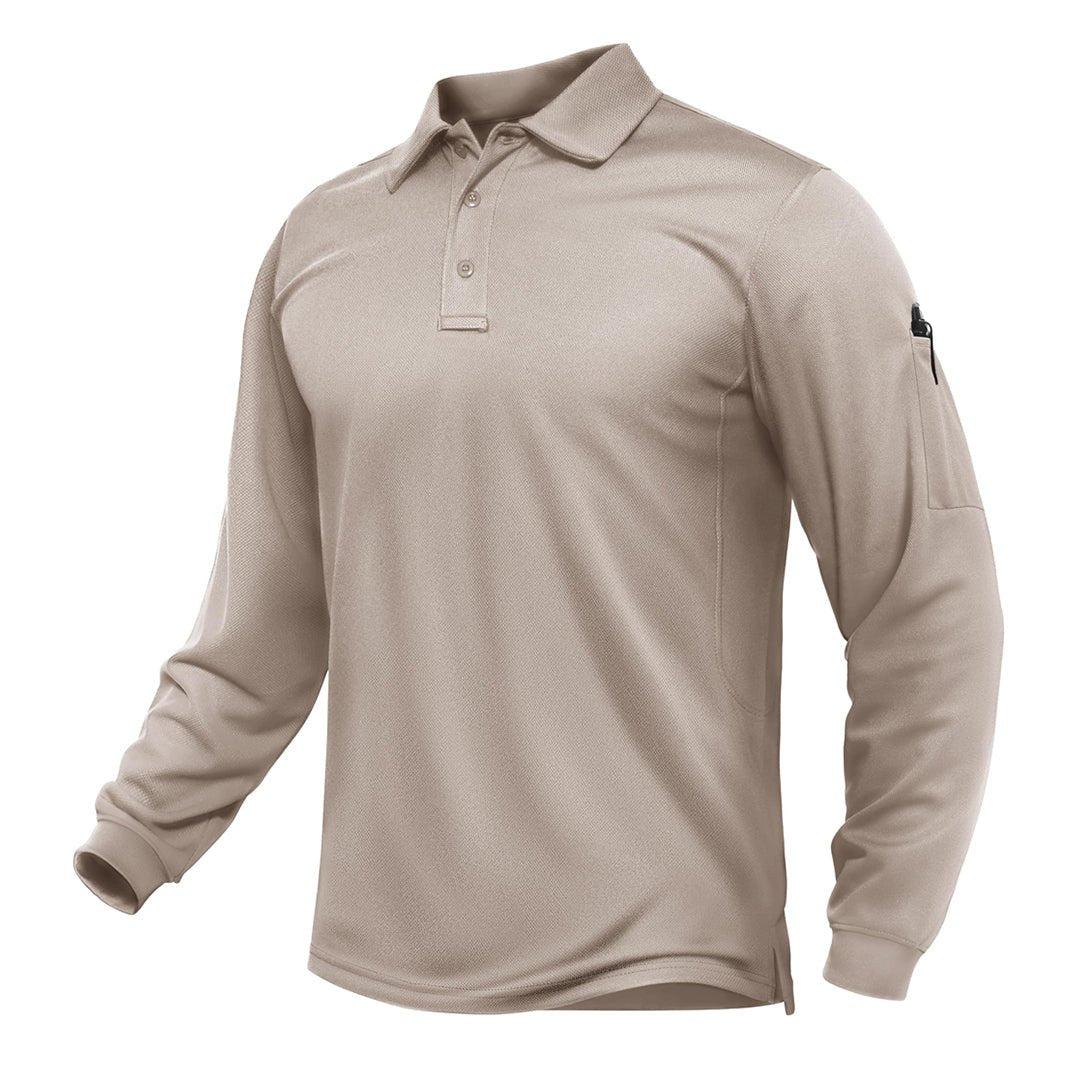 TACVASEN Khaki Long Sleeve Quick Dry Tactical Performance Polo Shirt