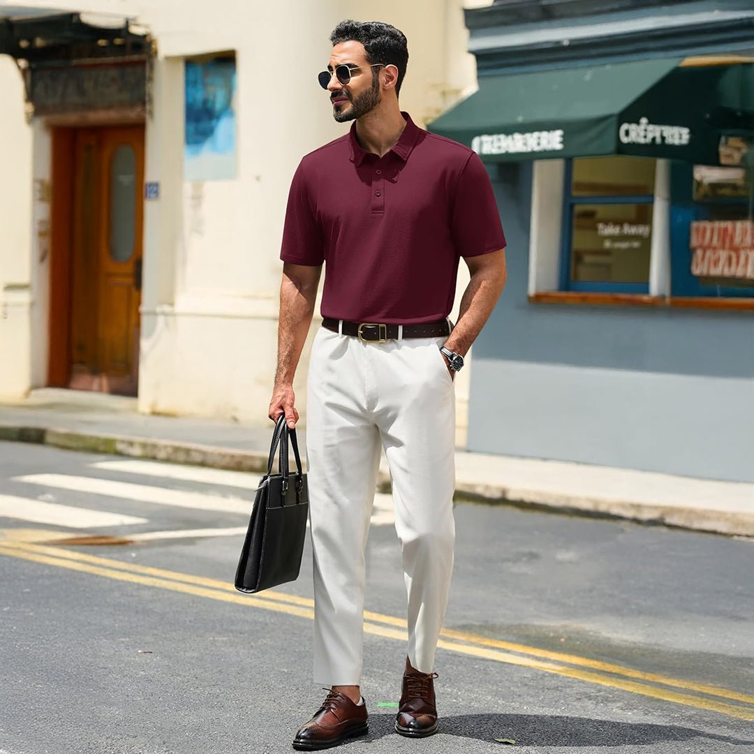 TACVASEN Wine Red Men's Pique Polo Shirt Short Sleeve Cooling Golf Top