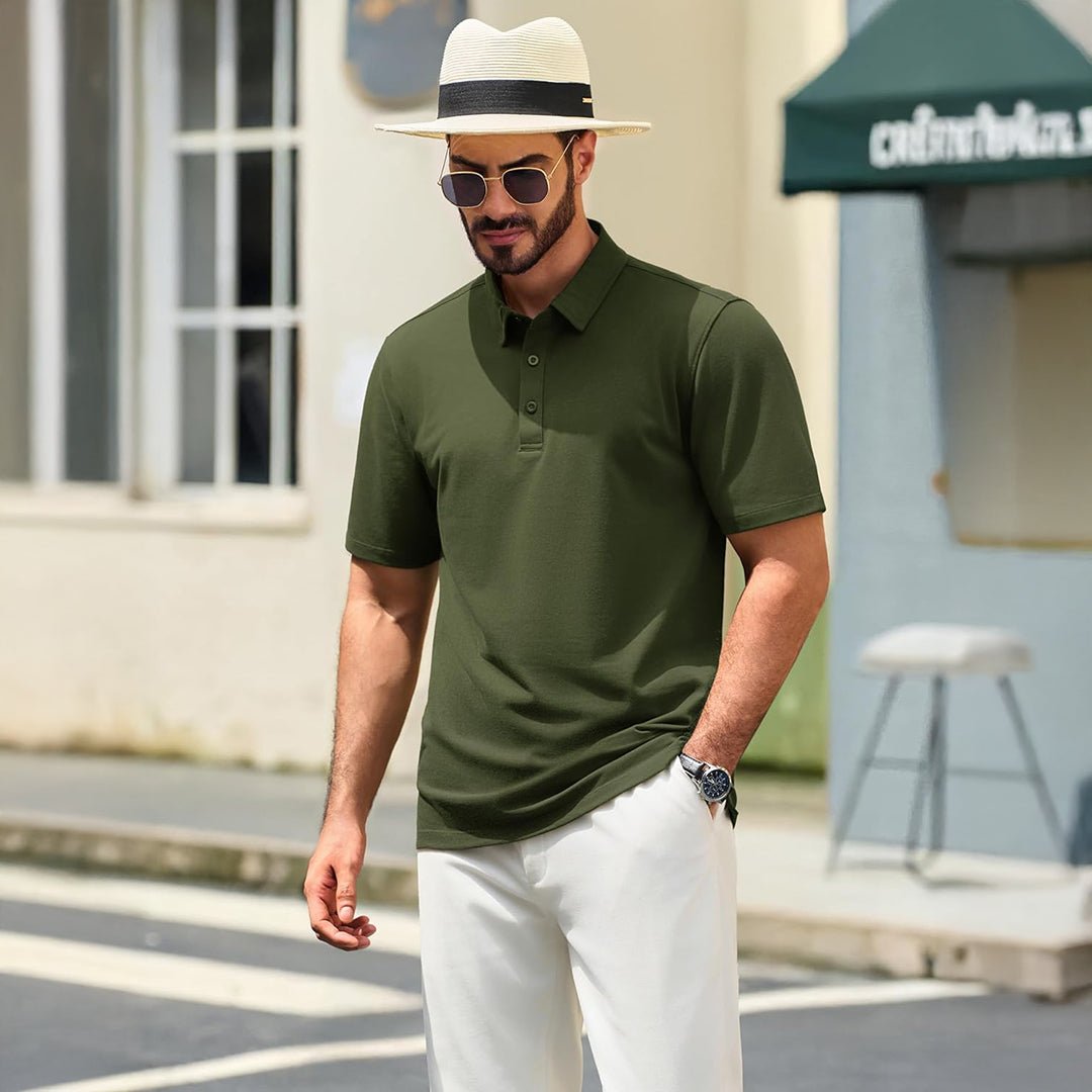 TACVASEN Army Green Men's Pique Polo Shirt Short Sleeve Cooling Golf Top