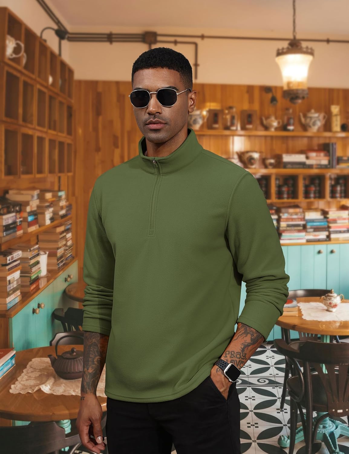 TACVASEN Army Green Men's Pullover Workout Fleece 1/4 Zip Uncw Vintage Sweatshirts