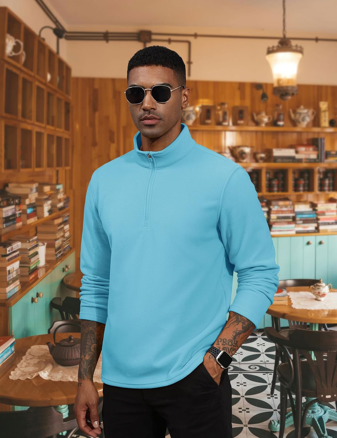 TACVASEN Aqua Blue Men's Pullover Workout Fleece 1/4 Zip Uncw Vintage Sweatshirts