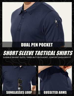 TACVASEN Black Quick Dry Tactical Polo Top Short Sleeve Shirt