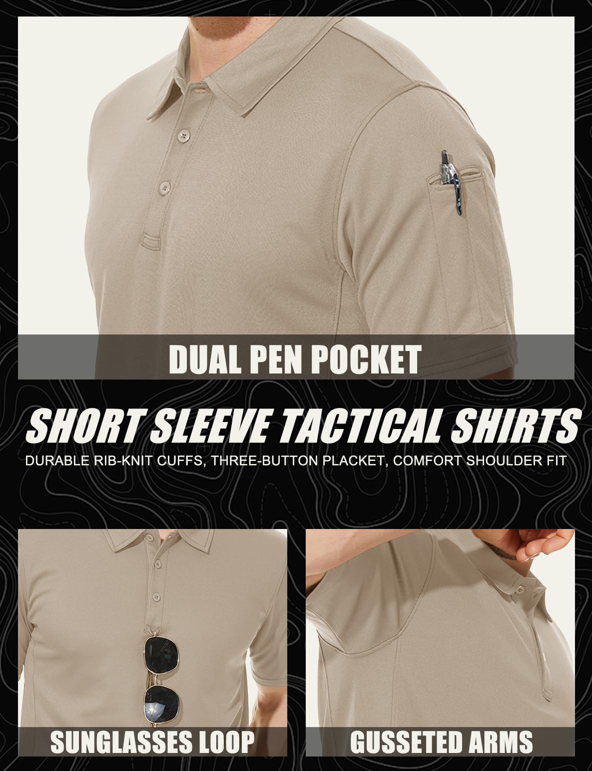 TACVASEN Black Quick Dry Tactical Polo Top Short Sleeve Shirt