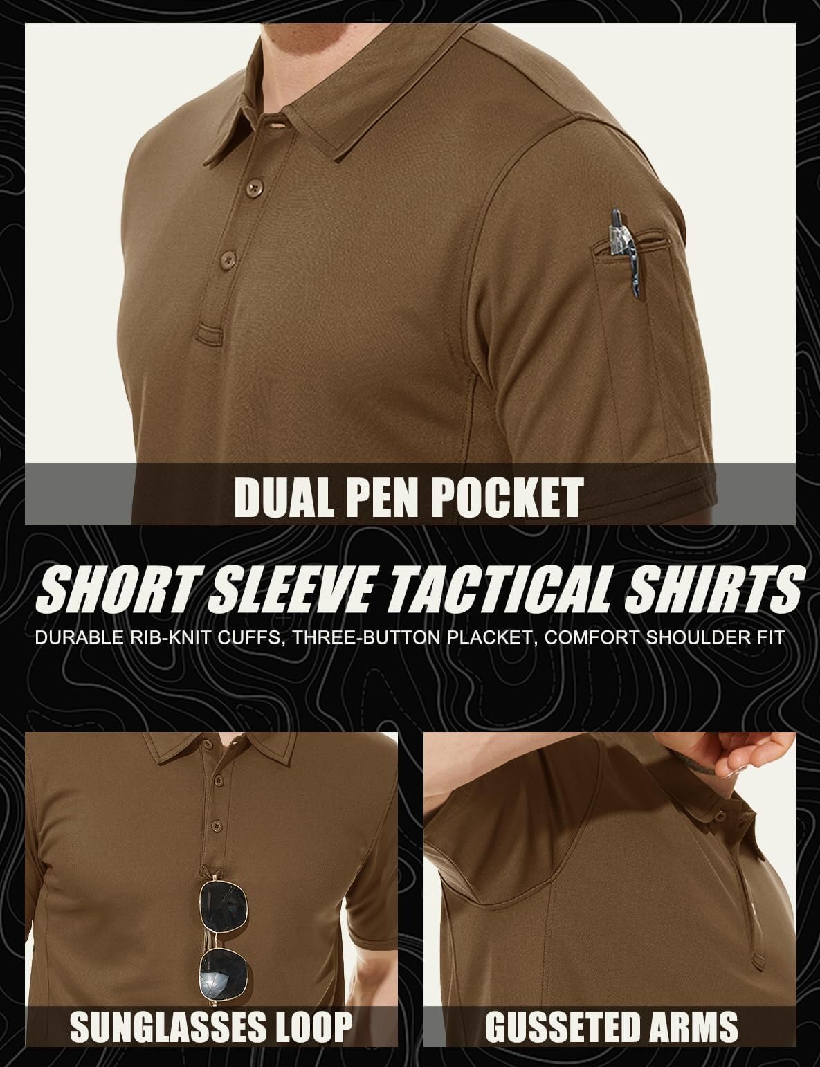TACVASEN Black Quick Dry Tactical Polo Top Short Sleeve Shirt