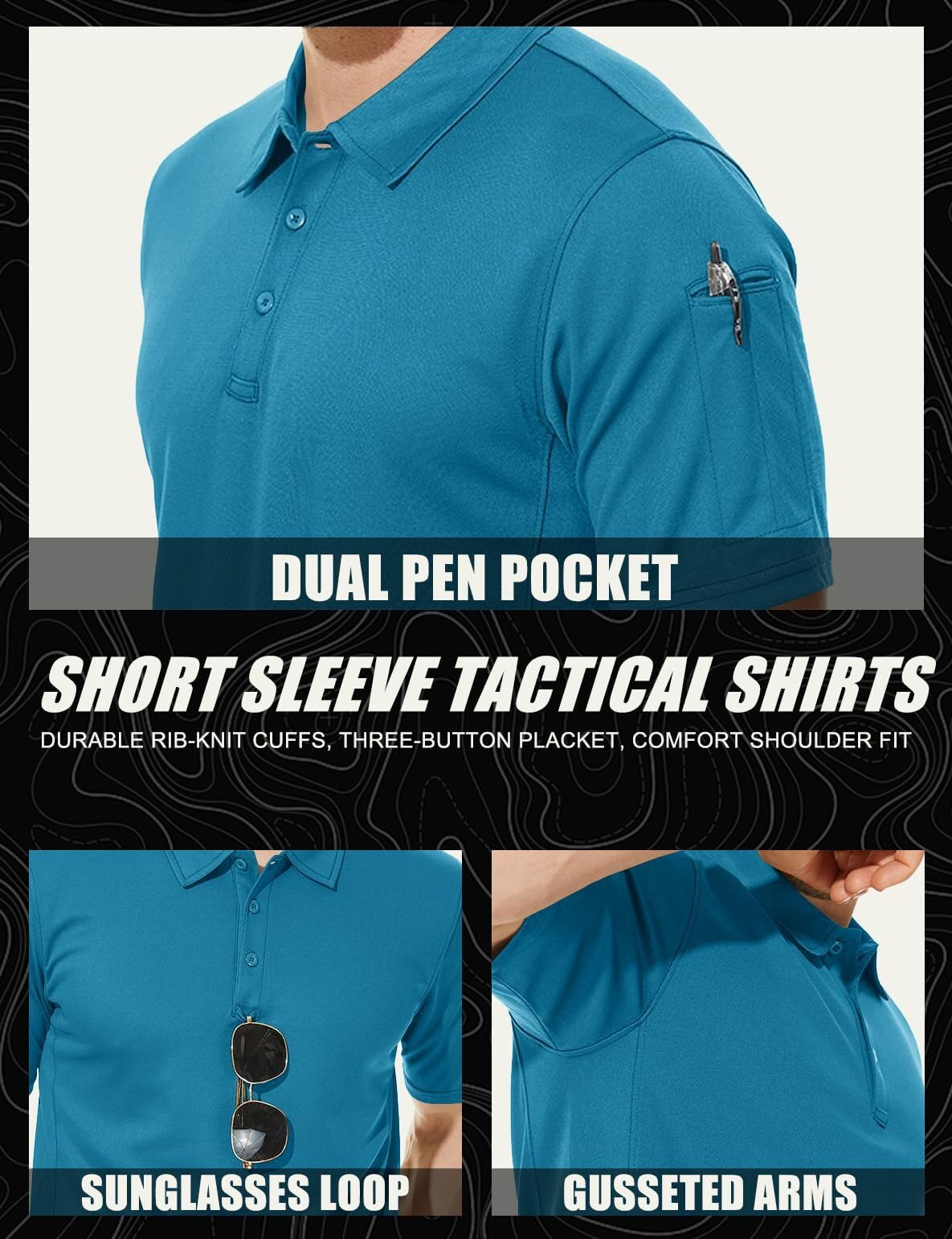 TACVASEN Black Quick Dry Tactical Polo Top Short Sleeve Shirt
