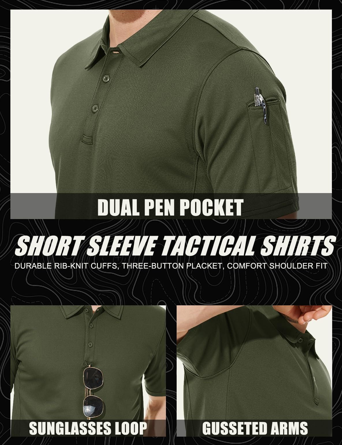 TACVASEN Black Quick Dry Tactical Polo Top Short Sleeve Shirt