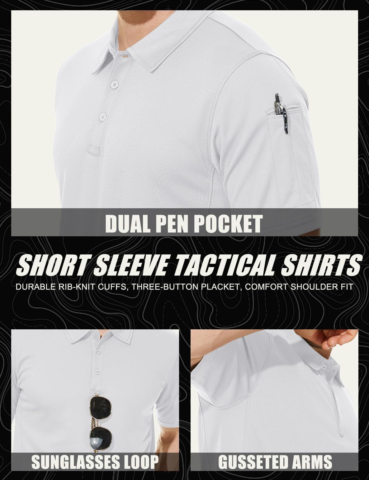 TACVASEN Black Quick Dry Tactical Polo Top Short Sleeve Shirt