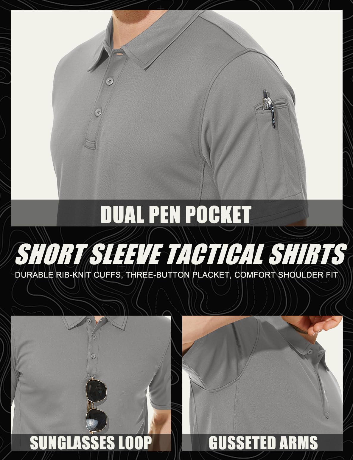 TACVASEN Black Quick Dry Tactical Polo Top Short Sleeve Shirt