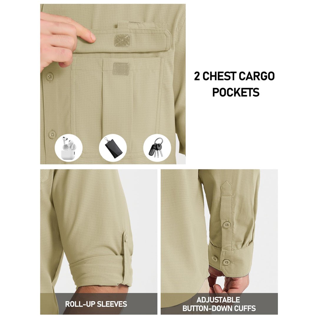 TACVASEN Light Khaki Quick Dry Tactical Shirts UV Protection Hiking Shirt