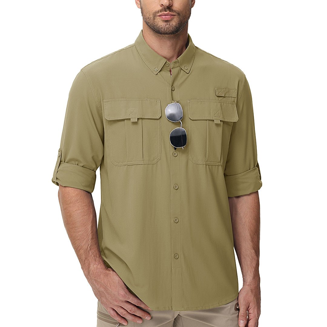 TACVASEN Khaki Quick Dry Tactical Shirts UV Protection Hiking Shirt