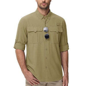 TACVASEN Khaki Quick Dry Tactical Shirts UV Protection Hiking Shirt