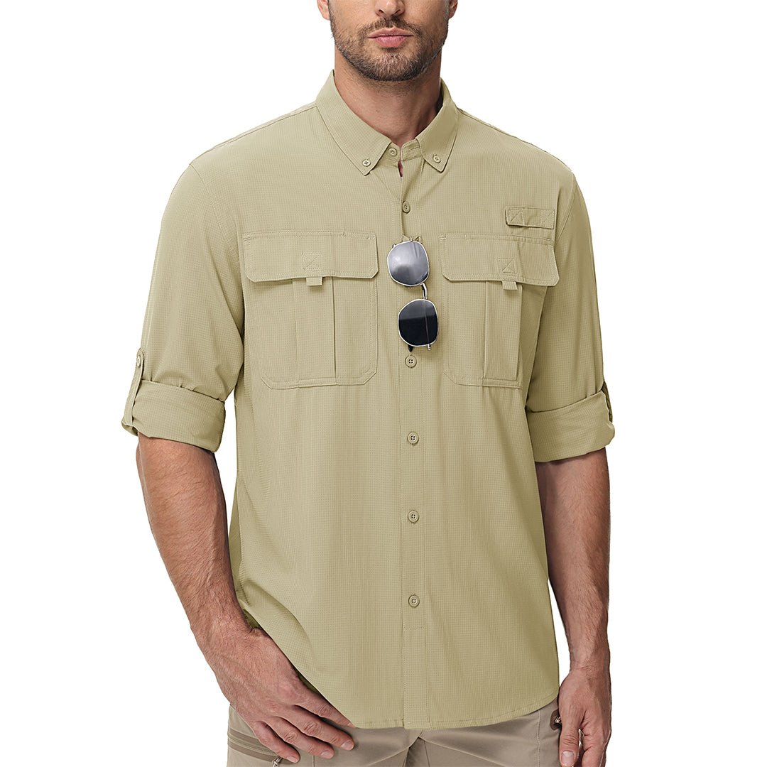 TACVASEN Light Khaki Quick Dry Tactical Shirts UV Protection Hiking Shirt
