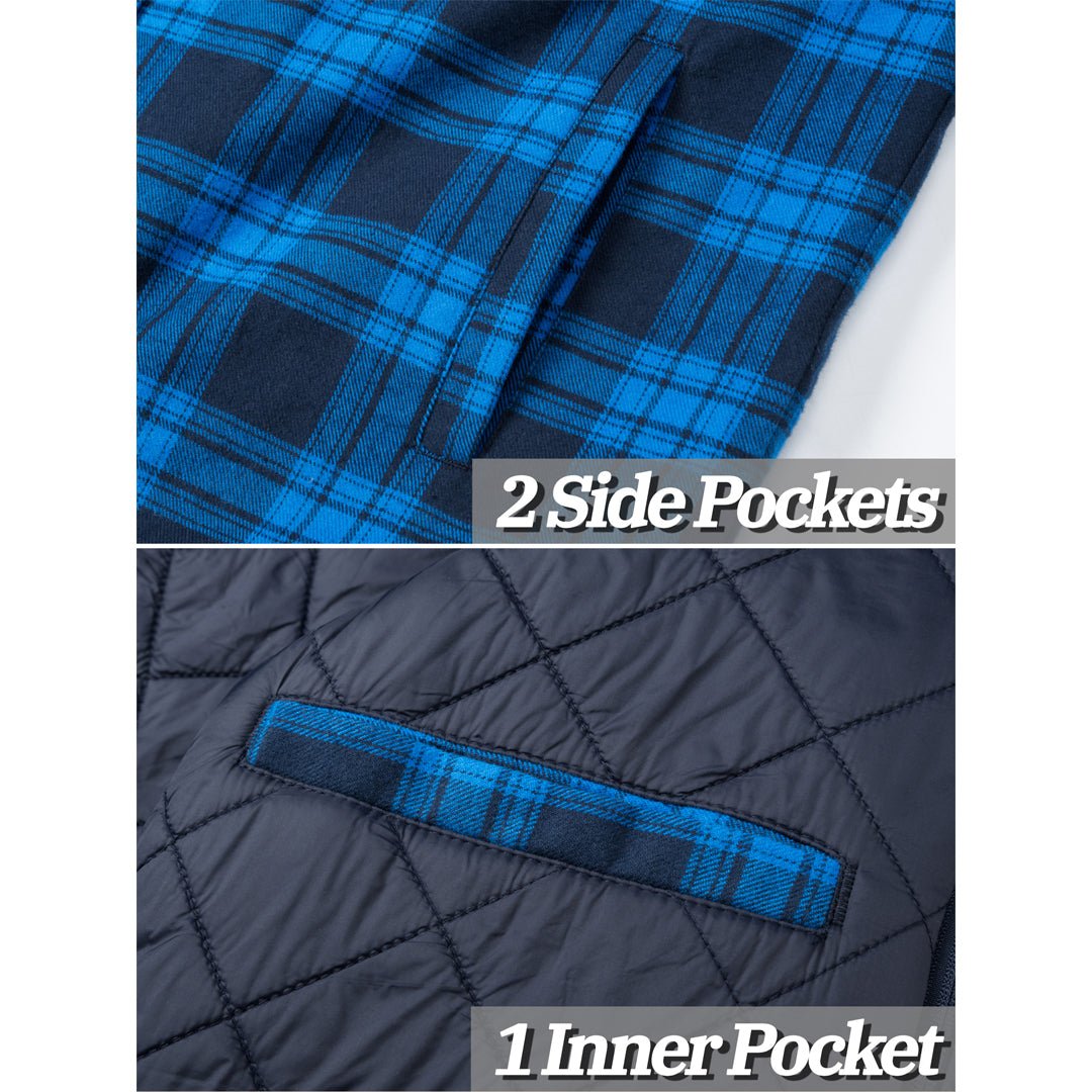 TACVASEN Blue Men's Quilted Plaid Flannel Detachable Hooded Jacket
