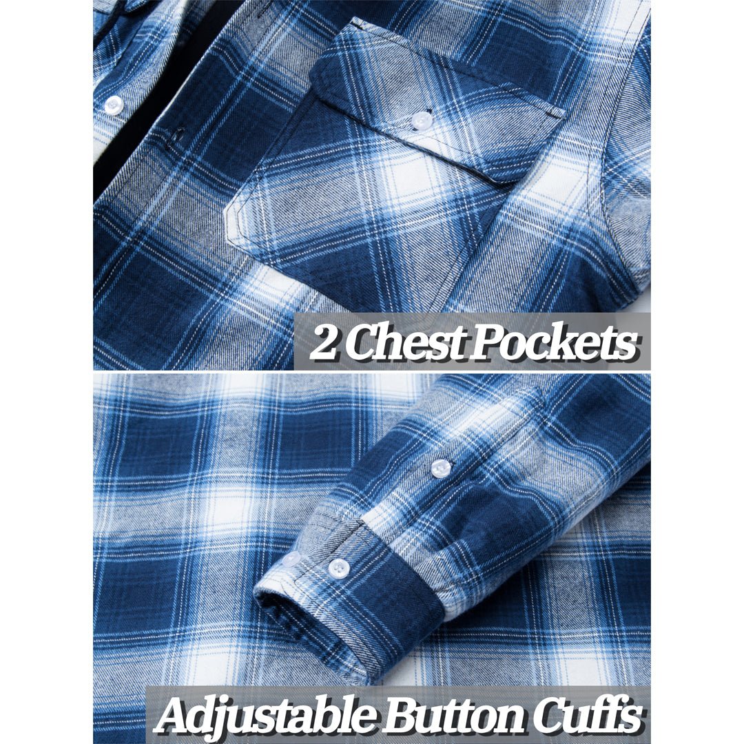 TACVASEN Blue Men's Quilted Plaid Flannel Detachable Hooded Jacket