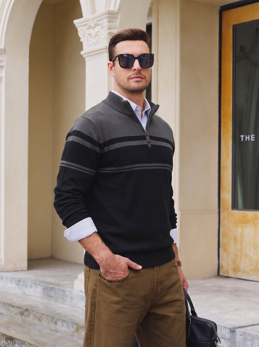 TACVASEN Dark Grey Black Men's Sweaters 1/4 Zip Cotton Sweater