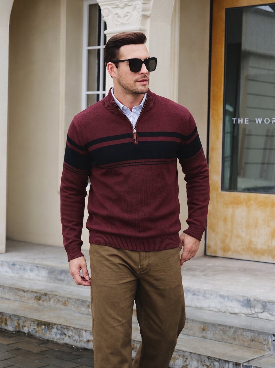 TACVASEN Wine Red Men's Sweaters 1/4 Zip Cotton Sweater