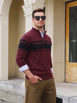 TACVASEN Wine Red Men's Sweaters 1/4 Zip Cotton Sweater