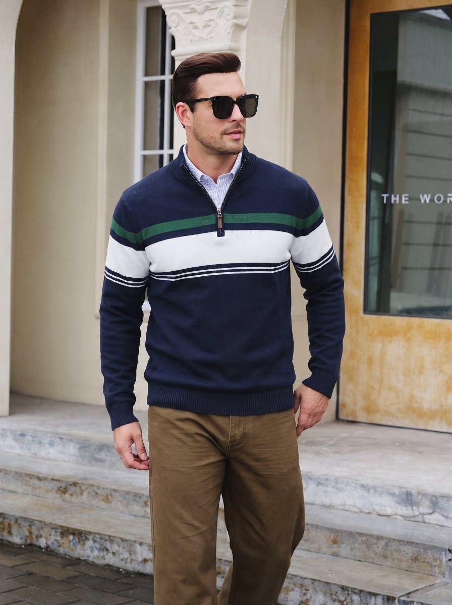 TACVASEN Navy Light Grey Men's Sweaters 1/4 Zip Cotton Sweater