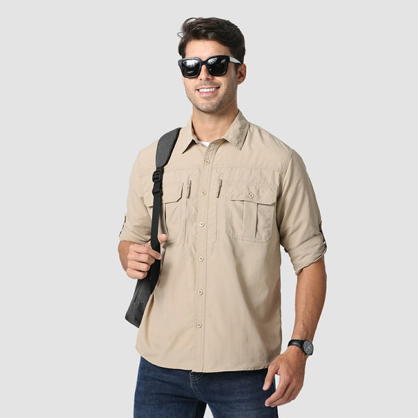 TACVASEN Khaki Men's Tactical UPF Sun Protection Long Sleeve Shirt