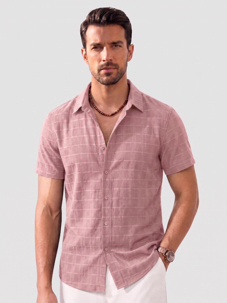 TACVASEN Light Pink Men's Textured Casual Button Down Short Sleeve