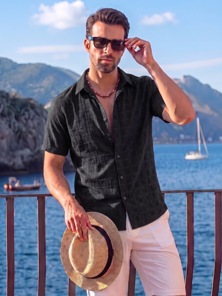 TACVASEN Black Men's Textured Casual Button Down Short Sleeve