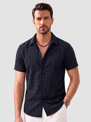 TACVASEN Black Men's Textured Casual Button Down Short Sleeve