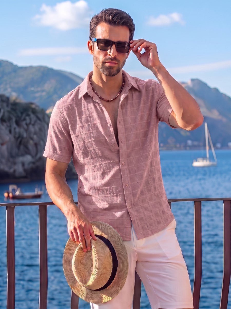 TACVASEN Light Pink Men's Textured Casual Button Down Short Sleeve