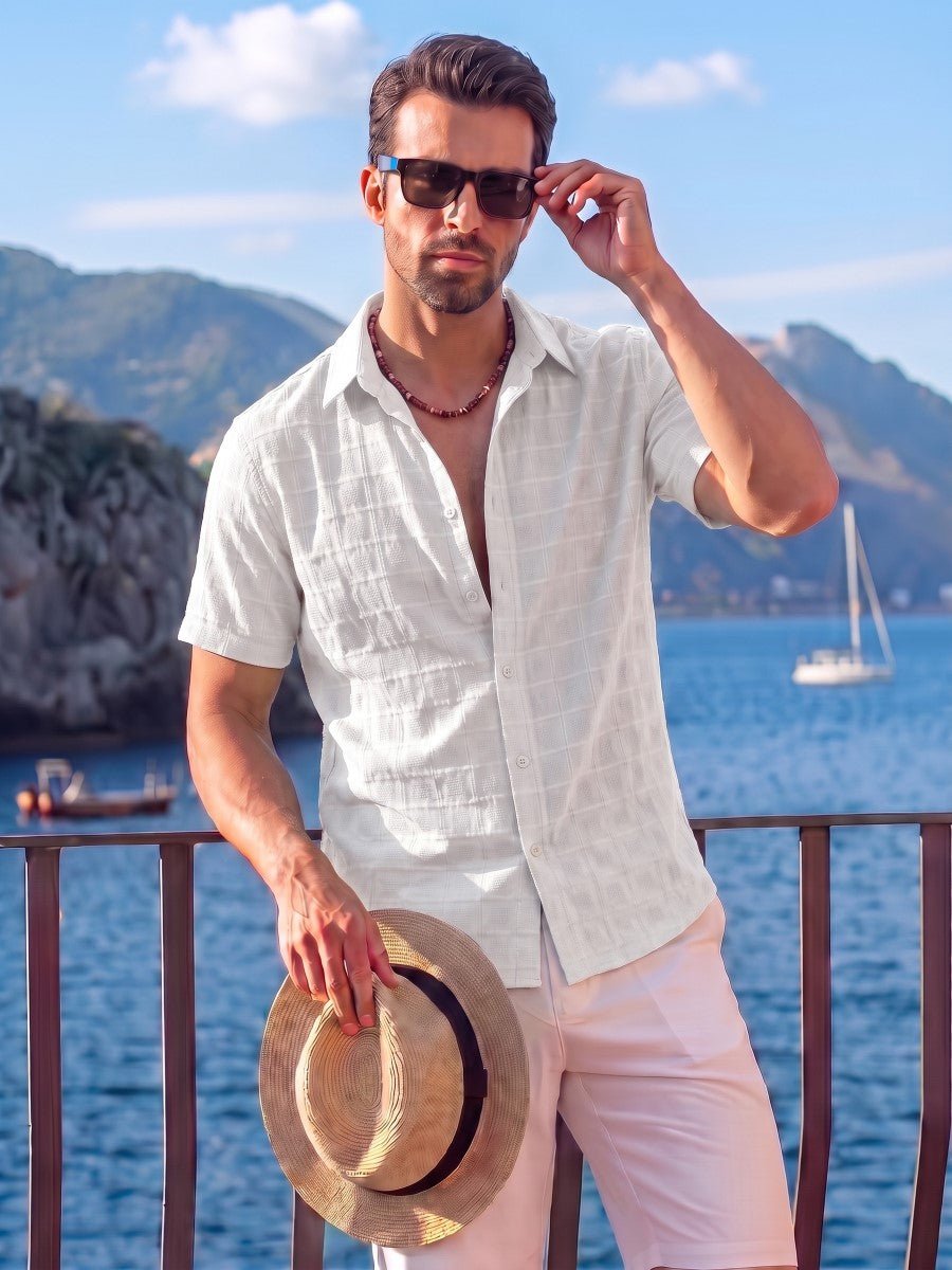 TACVASEN White Men's Textured Casual Button Down Short Sleeve