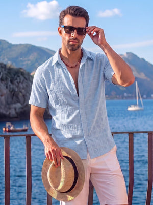 TACVASEN Light Blue Men's Textured Casual Button Down Short Sleeve
