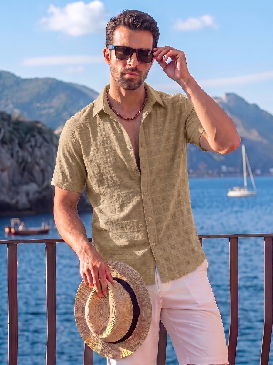 TACVASEN Light Apricot Men's Textured Casual Button Down Short Sleeve