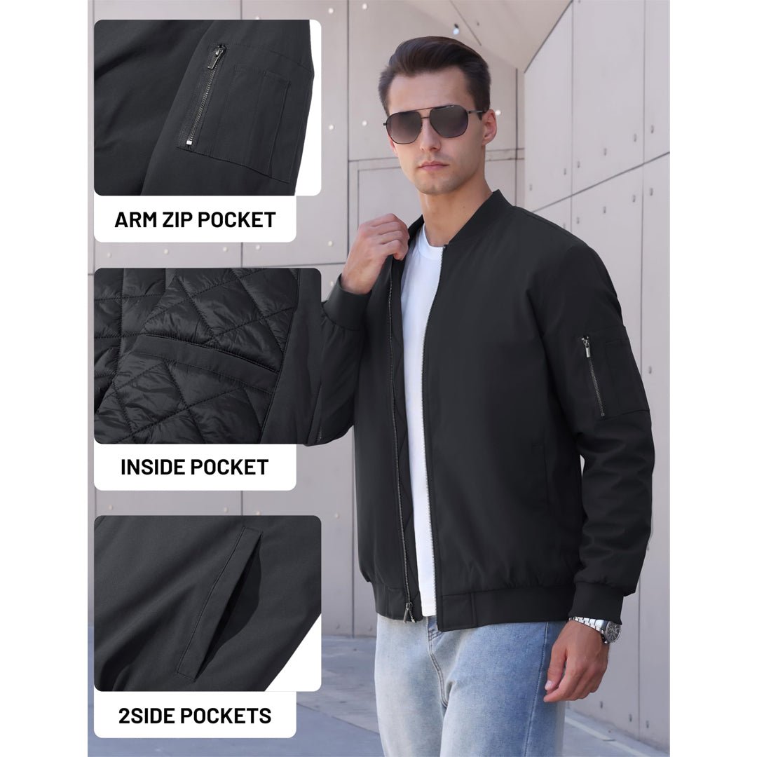 TACVASEN Black Thermal Quilted Waterproof Bomber Jacket