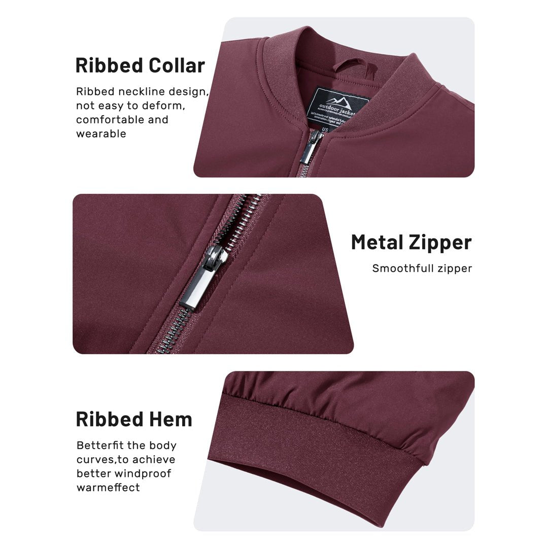 TACVASEN Wine Red Thermal Quilted Waterproof Bomber Jacket
