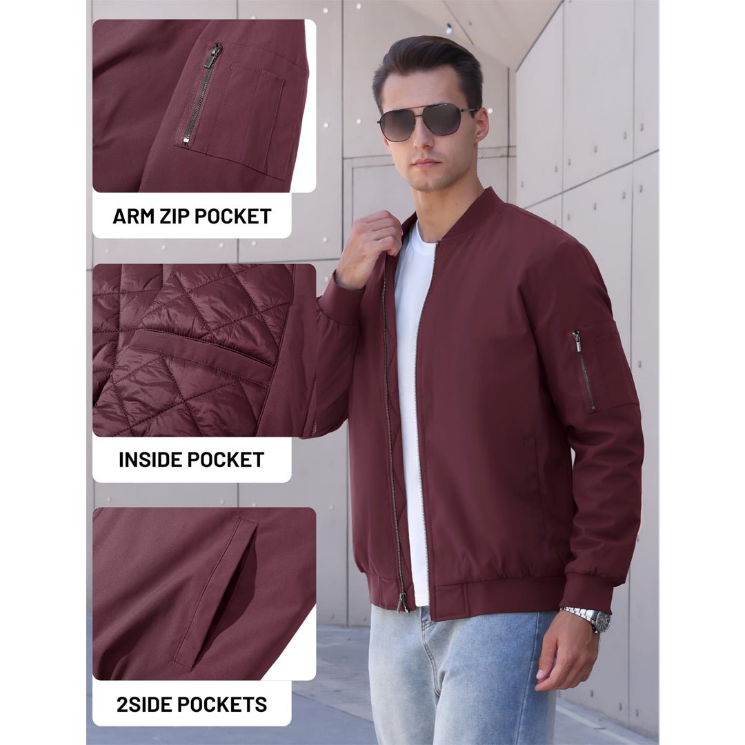 TACVASEN Wine Red Thermal Quilted Waterproof Bomber Jacket