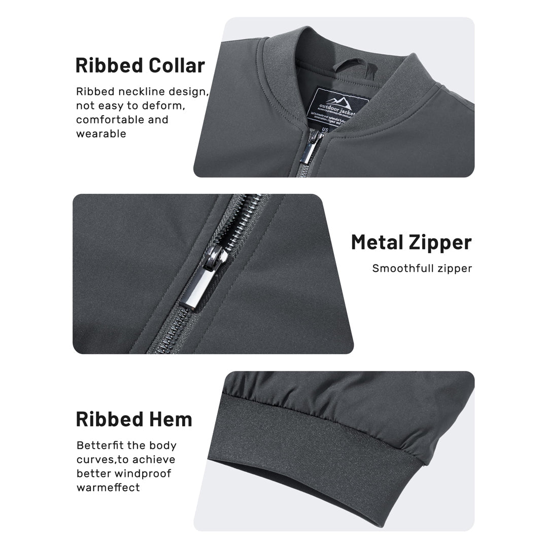 TACVASEN Dark Grey Thermal Quilted Waterproof Bomber Jacket