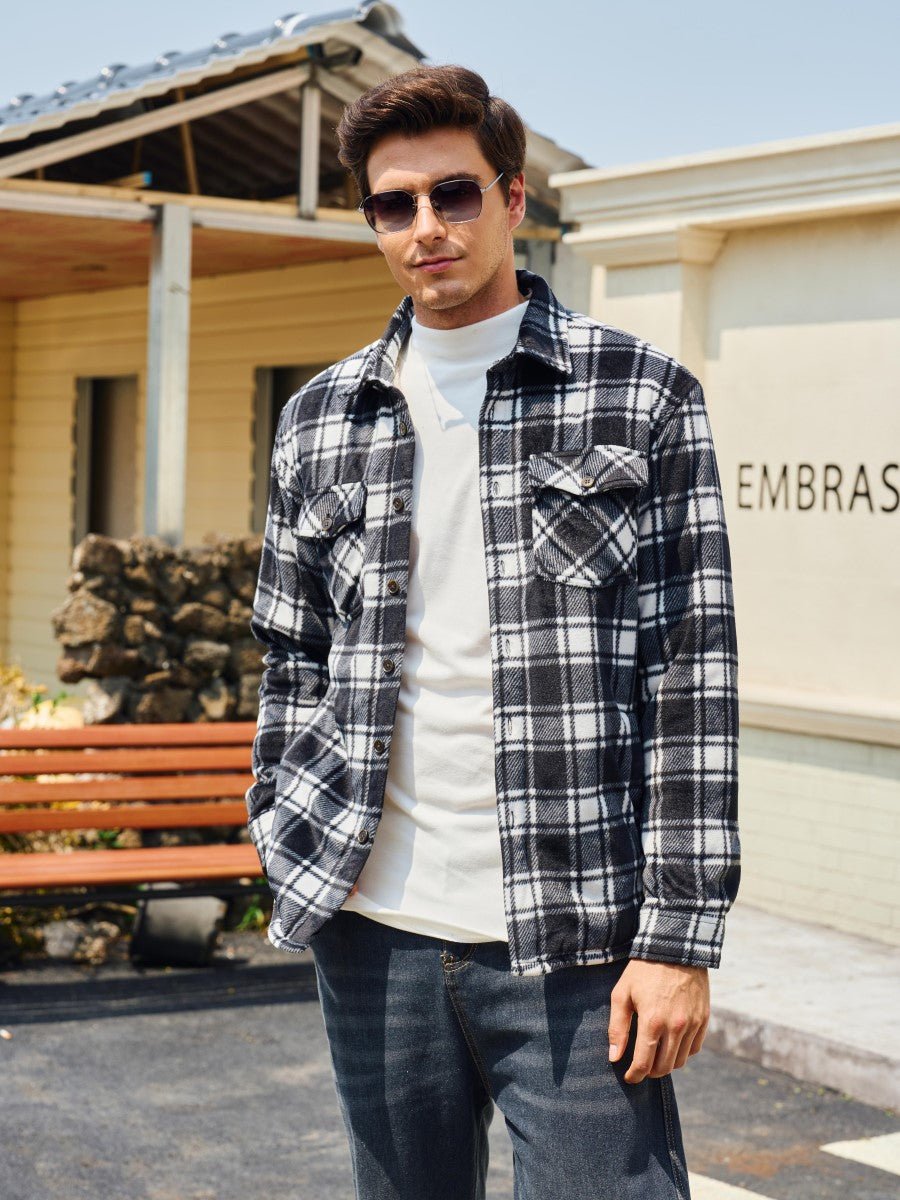 TACVASEN Black White Men's Thick Button Down Flannel Jacket