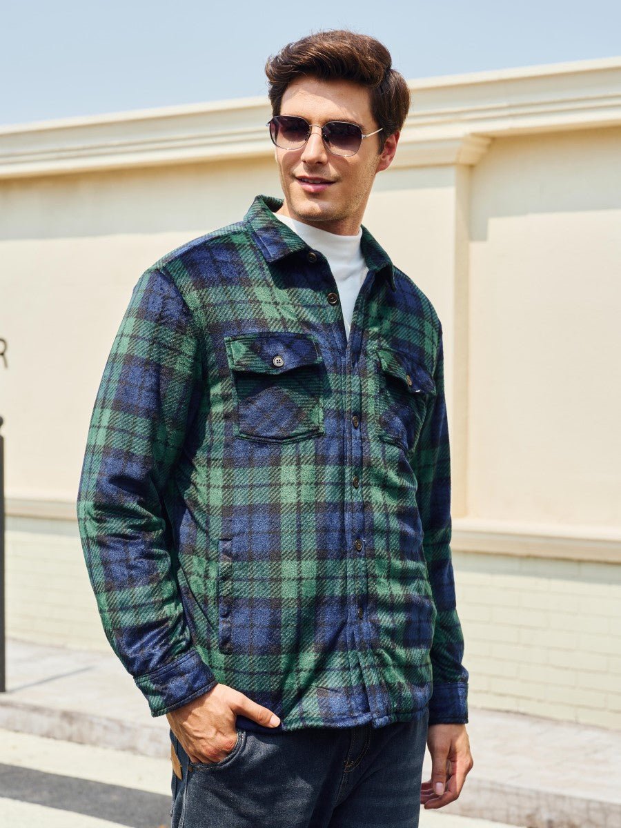 TACVASEN Green Blue Men's Thick Button Down Flannel Jacket