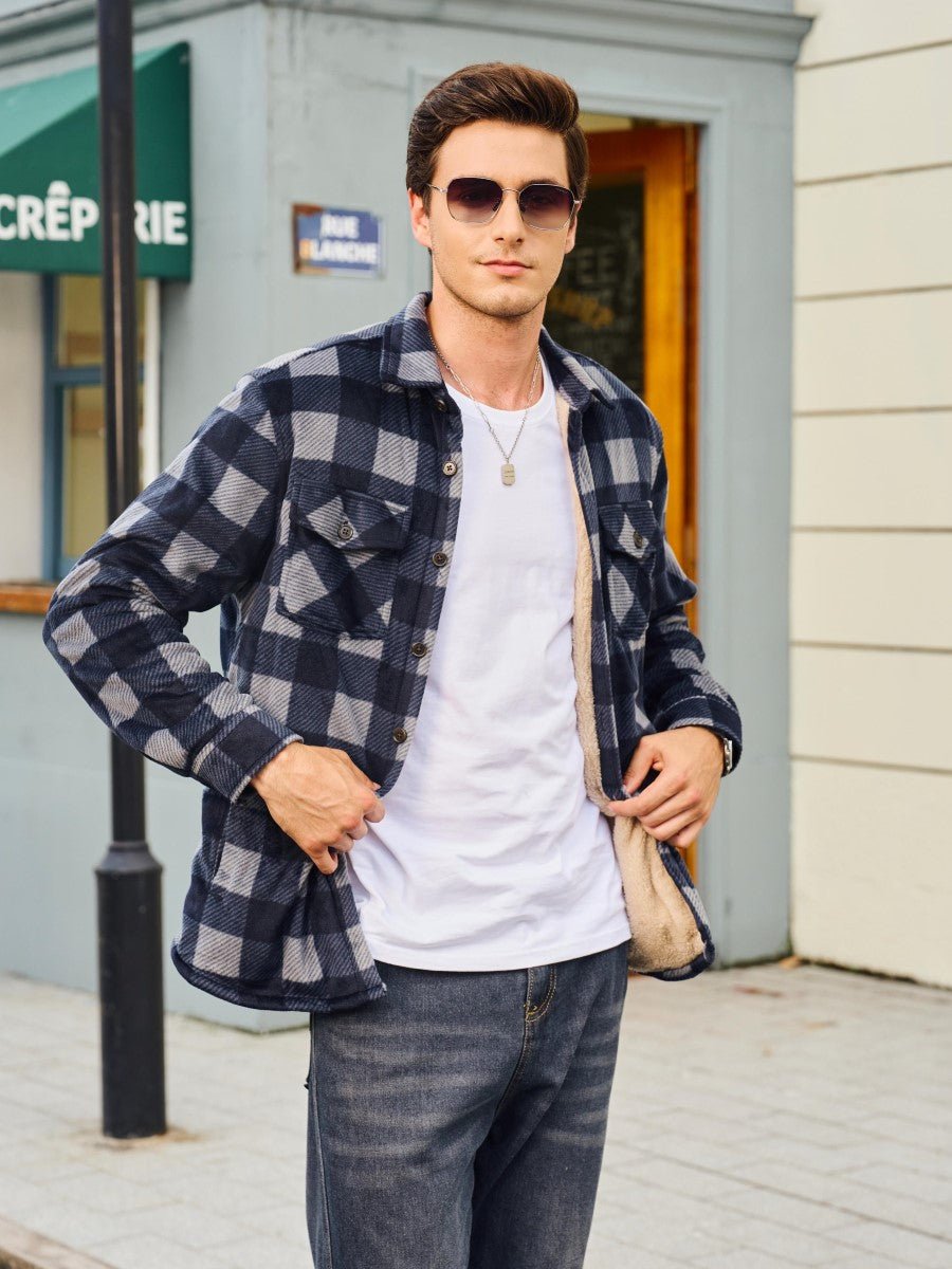 TACVASEN Black Grey Men's Thick Button Down Flannel Jacket