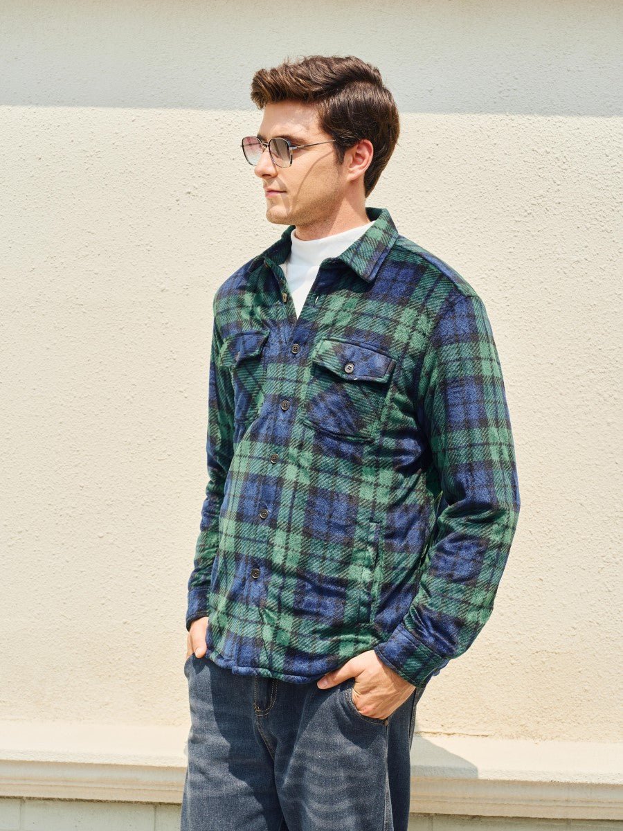 TACVASEN Green Blue Men's Thick Button Down Flannel Jacket